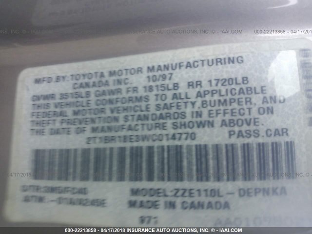 2T1BR18E3WC014770 - 1998 TOYOTA COROLLA VE/CE/LE 米色 照片 9