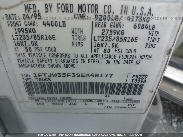 1FTJW35F3SEA48177 - 1995 FORD F350 WHITE photo 9