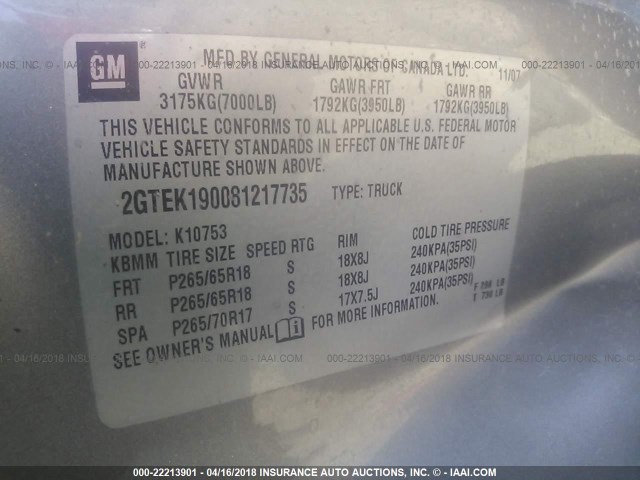 2GTEK190081217735 - 2008 GMC SIERRA K1500 GRAY photo 9