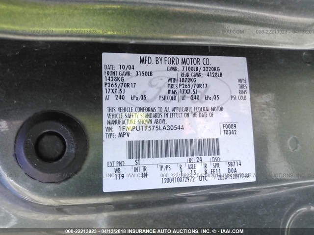 1FMPU17575LA30544 - 2005 FORD EXPEDITION EDDIE BAUER GREEN photo 9