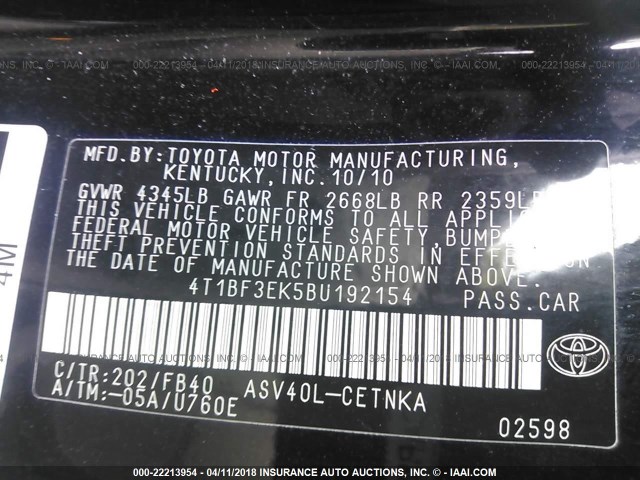 4T1BF3EK5BU192154 - 2011 TOYOTA CAMRY SE/LE/XLE BLACK photo 9