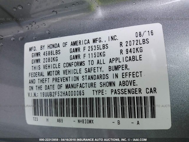 19UUB2F52HA000065 - 2017 ACURA TLX TECH SILVER photo 9