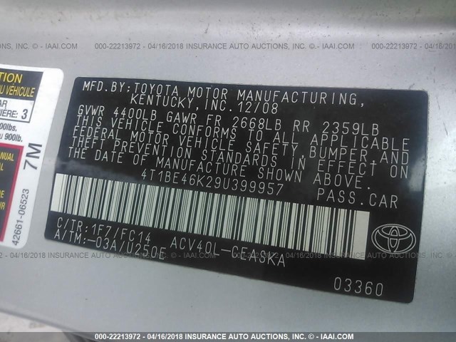 4T1BE46K29U399957 - 2009 TOYOTA CAMRY SE/LE/XLE SILVER photo 9