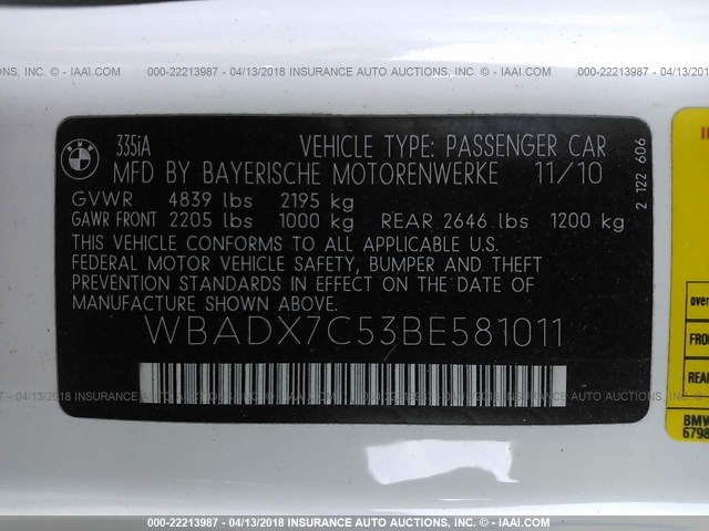 WBADX7C53BE581011 - 2011 BMW 335 I WHITE photo 9