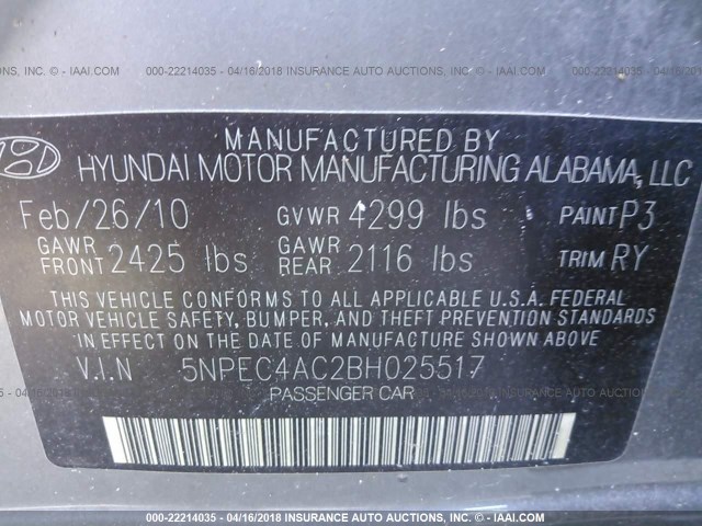 5NPEC4AC2BH025517 - 2011 HYUNDAI SONATA SE/LIMITED GRAY photo 9