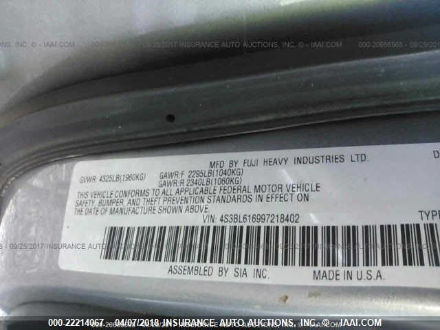 4S3BL616997218402 - 2009 SUBARU LEGACY 2.5I SILVER photo 9