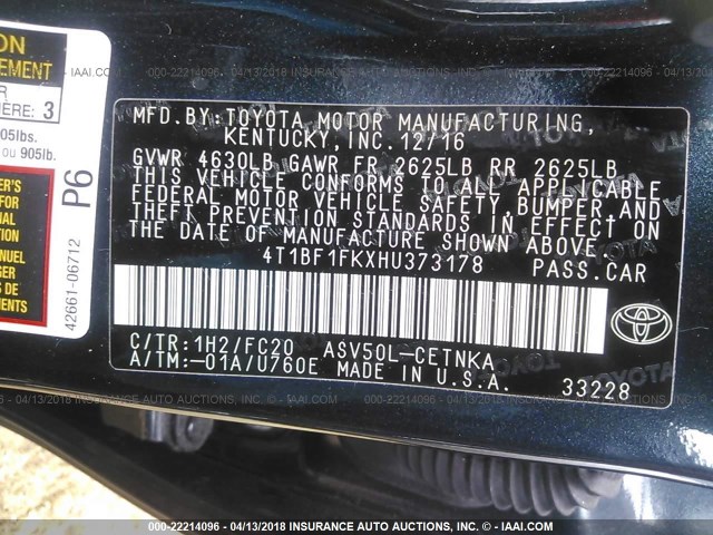 4T1BF1FKXHU373178 - 2017 TOYOTA CAMRY LE/XLE/SE/XSE BLACK photo 9