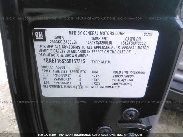 1GNET16S356167315 - 2005 CHEVROLET TRAILBLAZER EXT LS/EXT LT GREEN photo 9