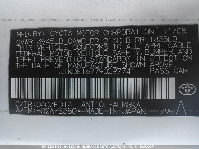 JTKDE167790297741 - 2009 TOYOTA SCION TC WHITE photo 9