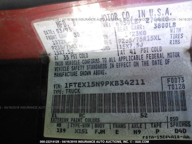 1FTEX15N9PKB34211 - 1993 FORD F150 红色 照片 9