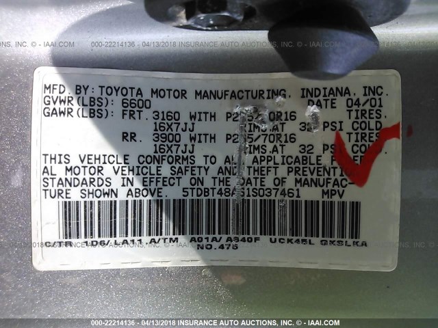 5TDBT48A61S037461 - 2001 TOYOTA SEQUOIA LIMITED SILVER photo 9