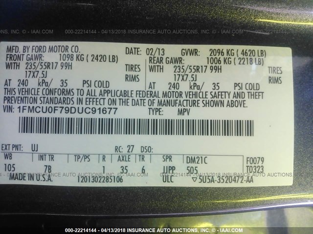 1FMCU0F79DUC91677 - 2013 FORD ESCAPE S GRAY photo 9