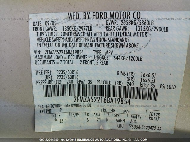 2FMZA52216BA19854 - 2006 FORD FREESTAR SEL SILVER photo 9