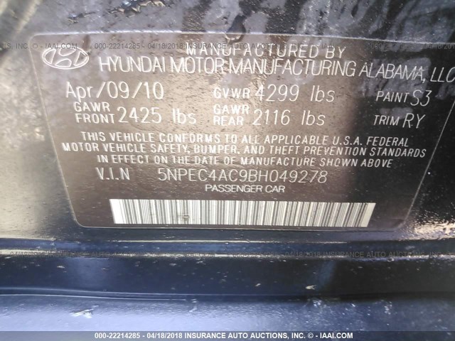 5NPEC4AC9BH049278 - 2011 HYUNDAI SONATA SE/LIMITED BLACK photo 9