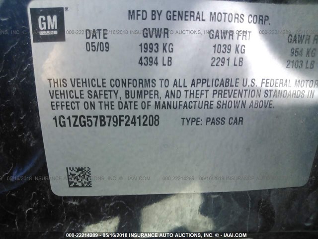 1G1ZG57B79F241208 - 2009 CHEVROLET MALIBU LS BLUE photo 9