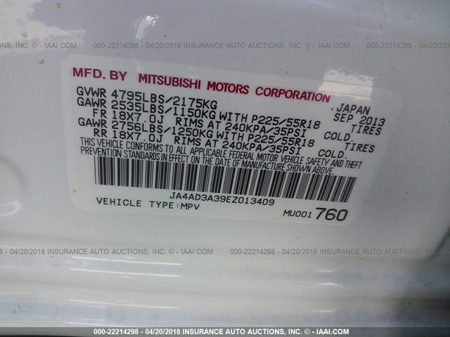 JA4AD3A39EZ013409 - 2014 MITSUBISHI OUTLANDER SE WHITE photo 9