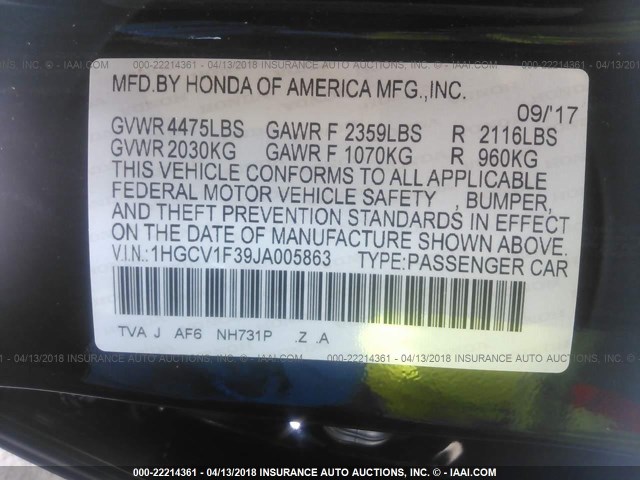 1HGCV1F39JA005863 - 2018 HONDA ACCORD SPORT BLACK photo 9