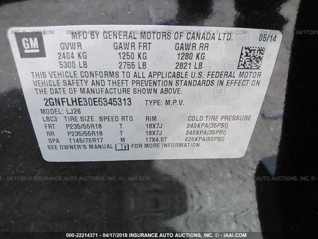 2GNFLHE30E6345313 - 2014 CHEVROLET EQUINOX LTZ BLACK photo 9