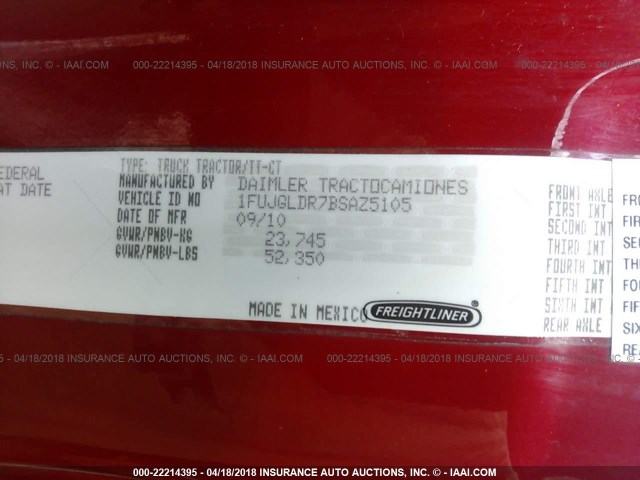 1FUJGLDR7BSAZ5105 - 2011 FREIGHTLINER CASCADIA 125  RED photo 10