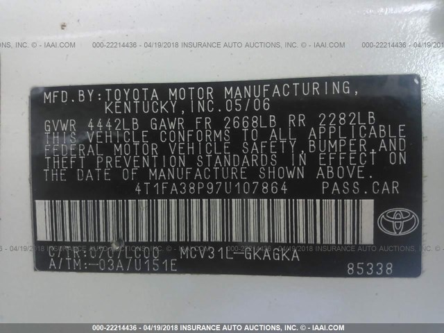 4T1FA38P97U107864 - 2007 TOYOTA CAMRY SOLARA SE/SLE Ağ foto 9