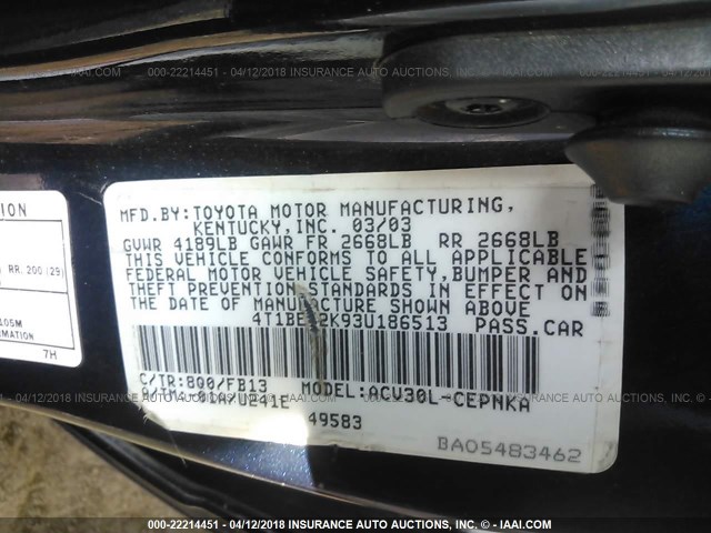 4T1BE32K93U186513 - 2003 TOYOTA CAMRY LE/XLE/SE 蓝色 照片 9