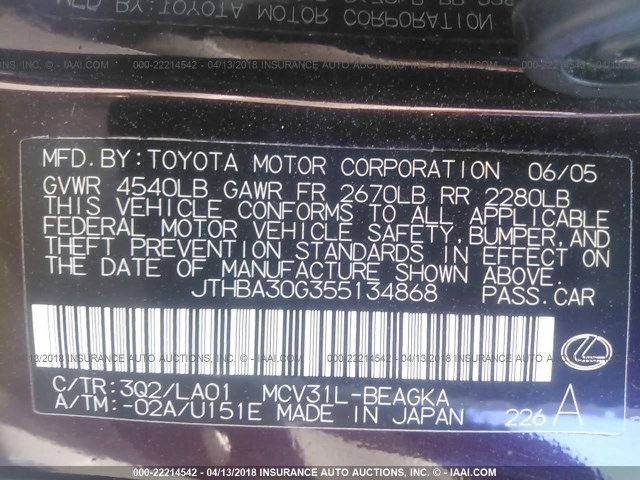 JTHBA30G355134868 - 2005 LEXUS ES 330 BURGUNDY photo 9