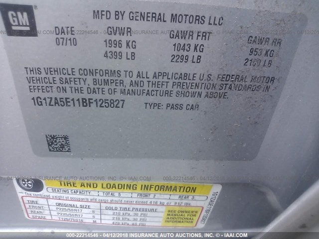 1G1ZA5E11BF125827 - 2011 CHEVROLET MALIBU LS 银色 照片 9