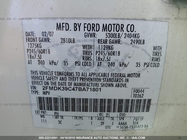 2FMDK39C47BA71801 - 2007 FORD EDGE SEL PLUS WHITE photo 9