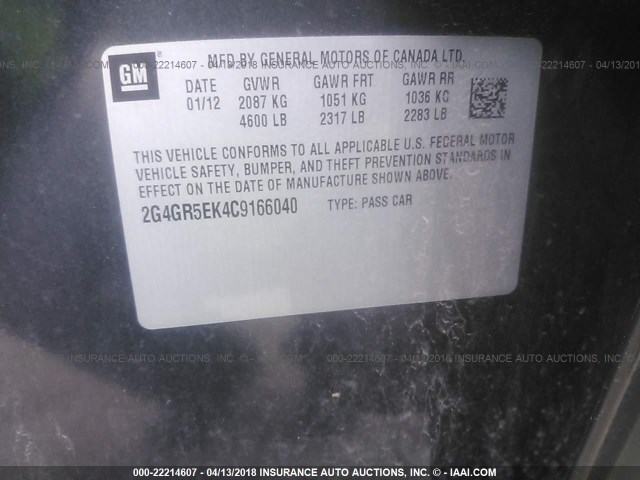 2G4GR5EK4C9166040 - 2012 BUICK REGAL BLACK photo 9