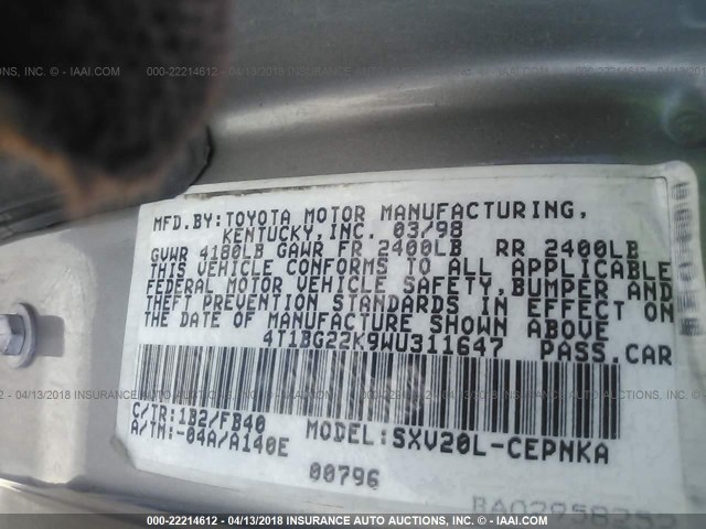 4T1BG22K9WU311647 - 1998 TOYOTA CAMRY CE/LE/XLE 灰色 照片 9