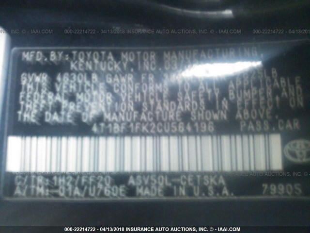 4T1BF1FK2CU564196 - 2012 TOYOTA CAMRY SE/LE/XLE ლურჯი ფოტო 9