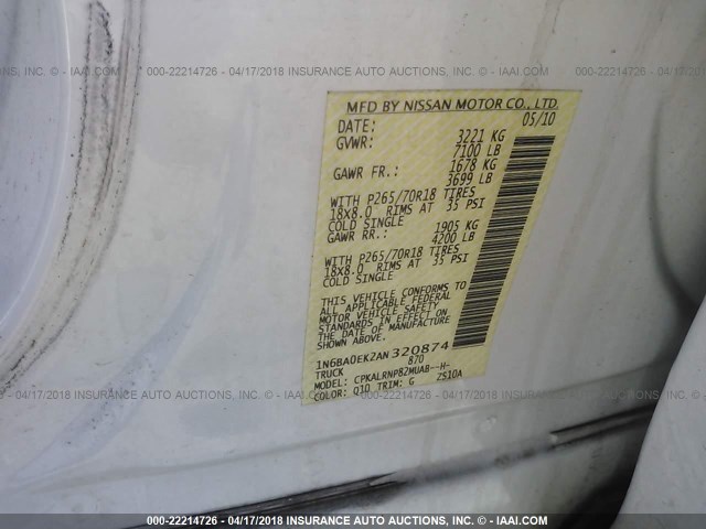 1N6BA0EK2AN320874 - 2010 NISSAN TITAN XE/SE/LE WHITE photo 9