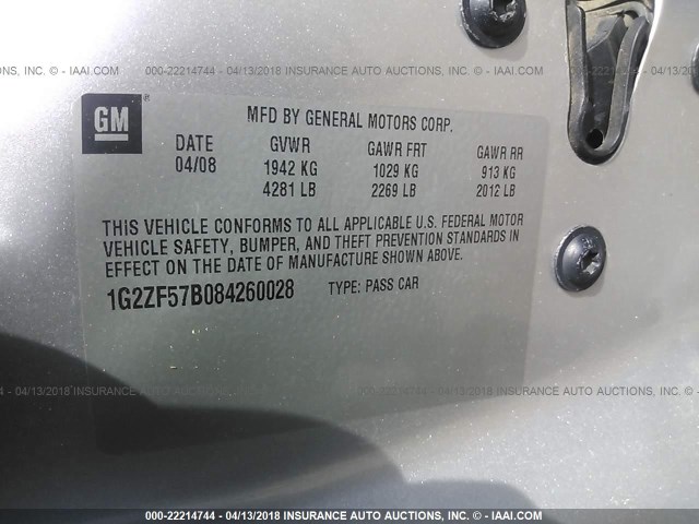 1G2ZF57B084260028 - 2008 PONTIAC G6 VALUE LEADER/BASE SILVER photo 9