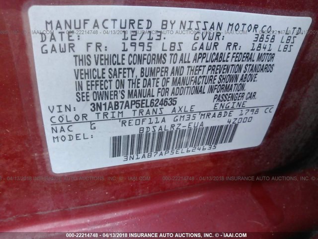 3N1AB7AP5EL624635 - 2014 NISSAN SENTRA S/SV/SR/SL 红色 照片 9