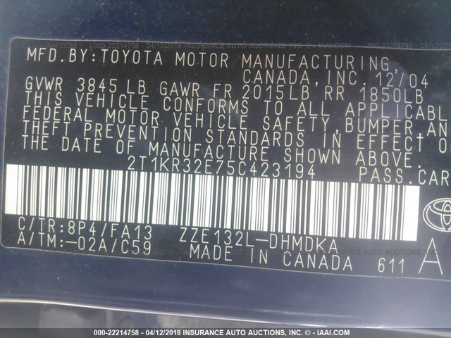 2T1KR32E75C423194 - 2005 TOYOTA COROLLA MATRIX XR BLUE photo 9