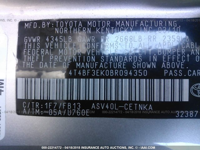 4T4BF3EK0BR094350 - 2011 TOYOTA CAMRY SE/LE/XLE SILVER photo 9