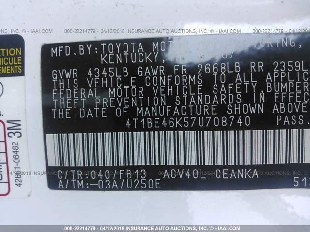 4T1BE46K57U708740 - 2007 TOYOTA CAMRY NEW GENERAT CE/LE/XLE/SE WHITE photo 9