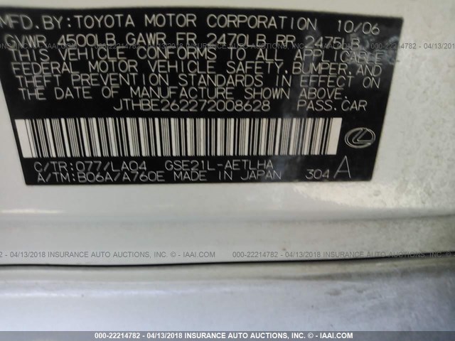 JTHBE262272008628 - 2007 LEXUS IS 350 WHITE photo 9