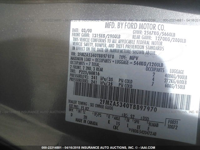 2FMZA5340YBB97970 - 2000 FORD WINDSTAR SEL GRAY photo 9