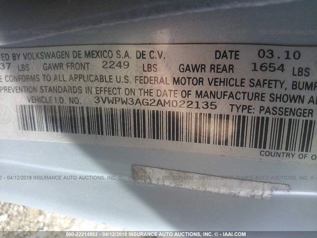 3VWPW3AG2AM022135 - 2010 VOLKSWAGEN NEW BEETLE 浅蓝色 照片 9