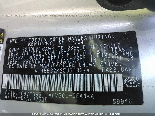 4T1BE32K25U518374 - 2005 TOYOTA CAMRY LE/XLE/SE ვერცხლისფერი ფოტო 9