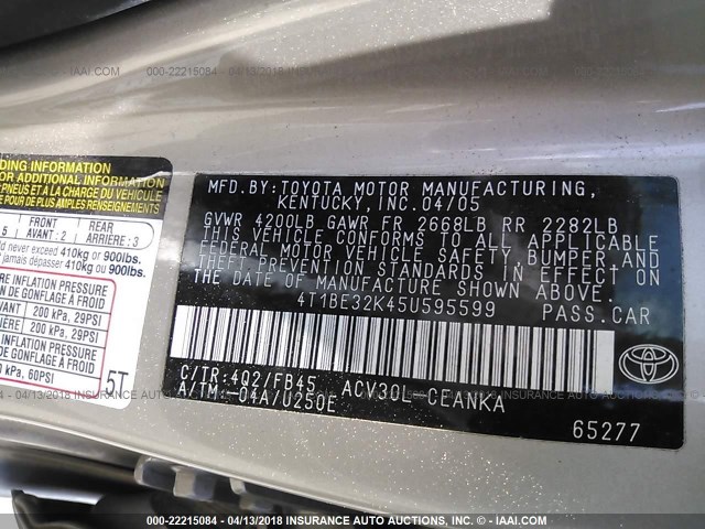 4T1BE32K45U595599 - 2005 TOYOTA CAMRY LE/XLE/SE ოქროსფერი ფოტო 9