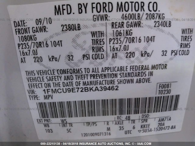 1FMCU9E72BKA39462 - 2011 FORD ESCAPE LIMITED WHITE photo 9