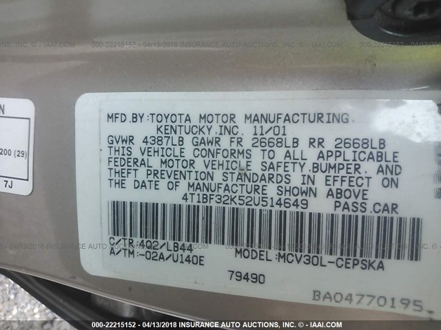 4T1BF32K52U514649 - 2002 TOYOTA CAMRY LE/XLE/SE BLACK photo 9