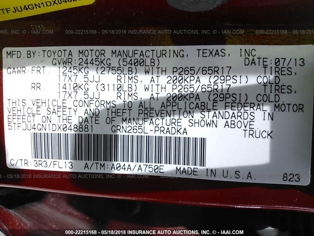 5TFJU4GN1DX048881 - 2013 TOYOTA TACOMA DOUBLE CAB PRERUNNER RED photo 9