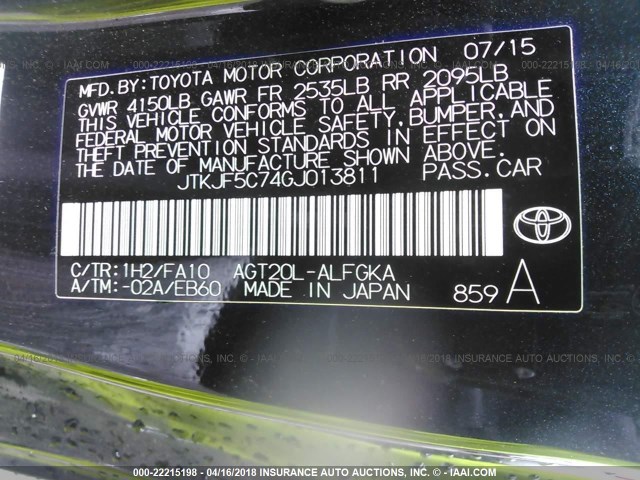 JTKJF5C74GJ013811 - 2016 TOYOTA SCION TC BLUE photo 9