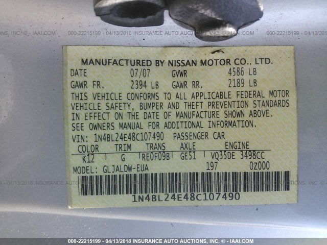 1N4BL24E48C107490 - 2008 NISSAN ALTIMA 3.5SE SILVER photo 9