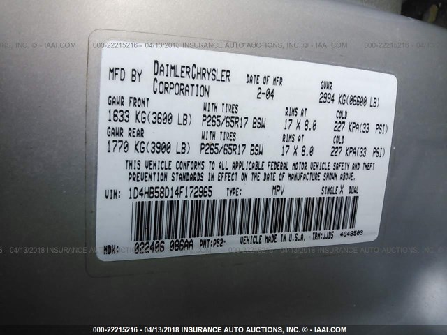 1D4HB58D14F172965 - 2004 DODGE DURANGO LIMITED SILVER photo 9