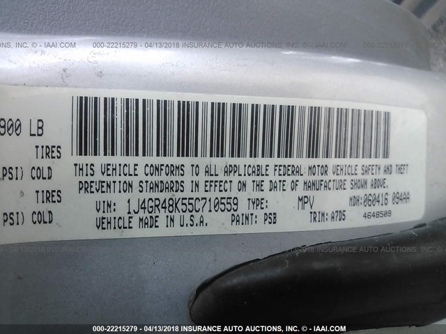 1J4GR48K55C710559 - 2005 JEEP GRAND CHEROKEE LAREDO/COLUMBIA/FREEDOM SILVER photo 9