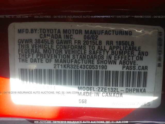 2T1KR32E43C053190 - 2003 TOYOTA COROLLA MATRIX XR RED photo 9